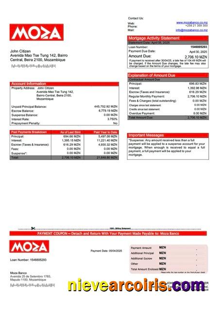 Mozambique Moza Banco mortgage statement Word and PDF template
